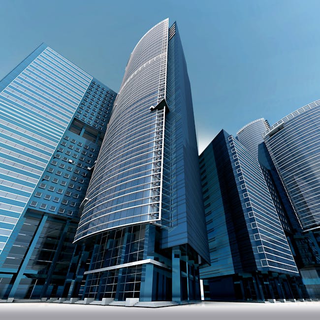 Futuristic urban skyscrapers with glass facades reflecting a vibrant blue sky.